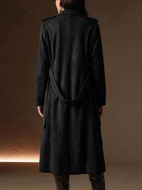 Black Elegant Women's Hollow Out Belted Trench Coat